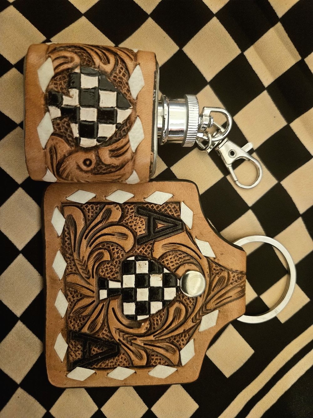 Hand-Tooled Leather Keychain Flask Set - Tan with Black & White Check